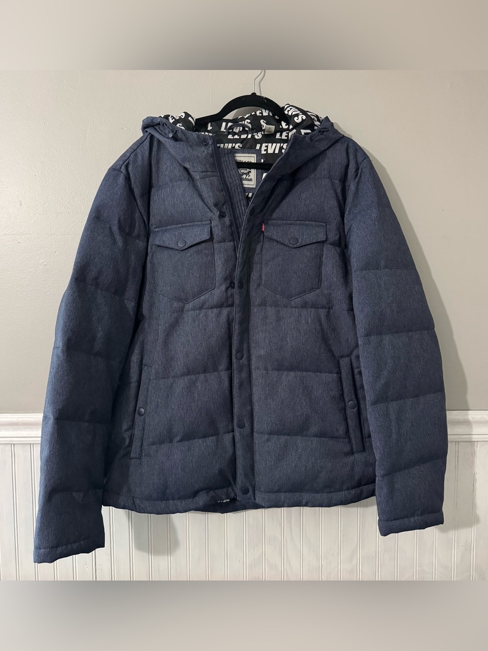 Levi's Insulated Blue Canvas Denim Look Hooded Puffer Jacket Men’s Size XL